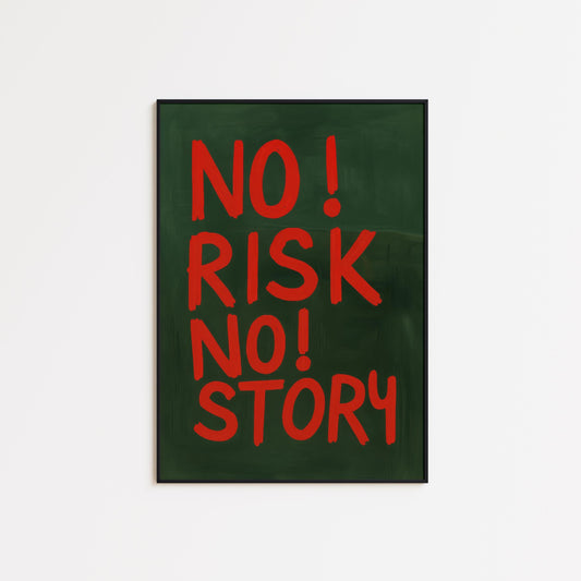 No Risk No Story Poster – Bold Red Retro Typography Wall Art