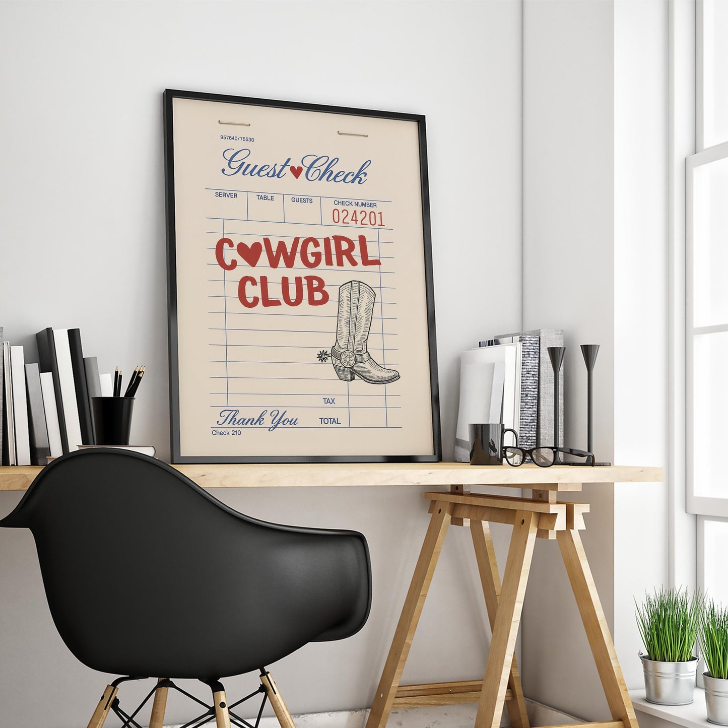 Cowgirl Club Diner Check Poster – Western Retro Wall Art for Cowgirl Decor