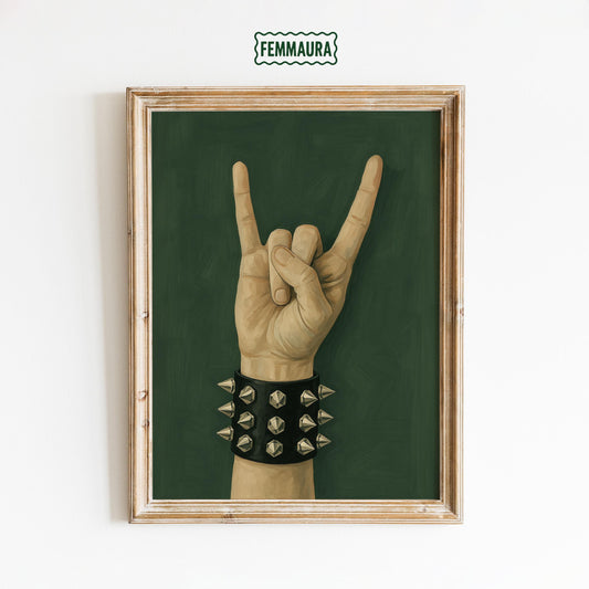 Rock Hand Poster – Gothic Minimalist Wall Art With Studded Leather Bracelet