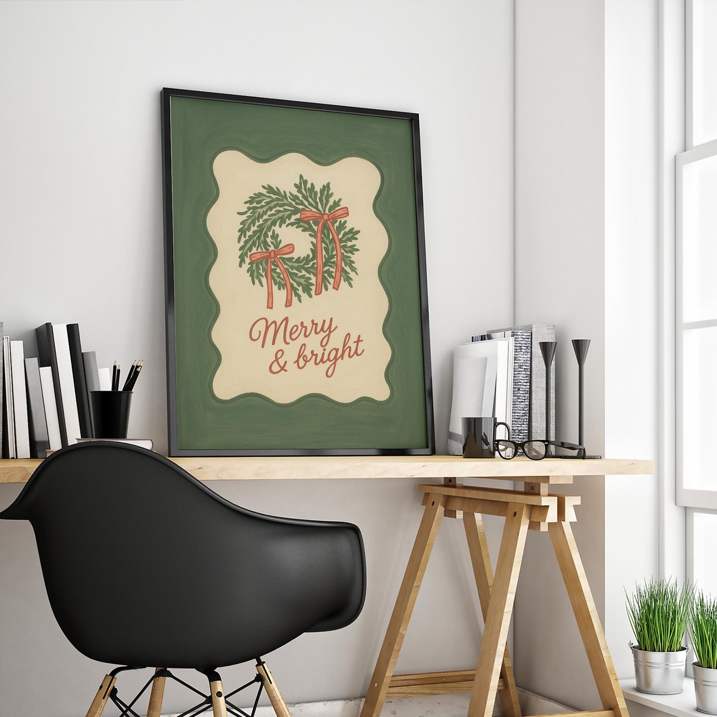 Christmas Wall Art – Merry & Bright Retro Green Holiday Poster