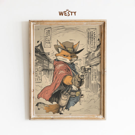 Fox Gunslinger Poster – Wild West Samurai Town Mashup Wall Art