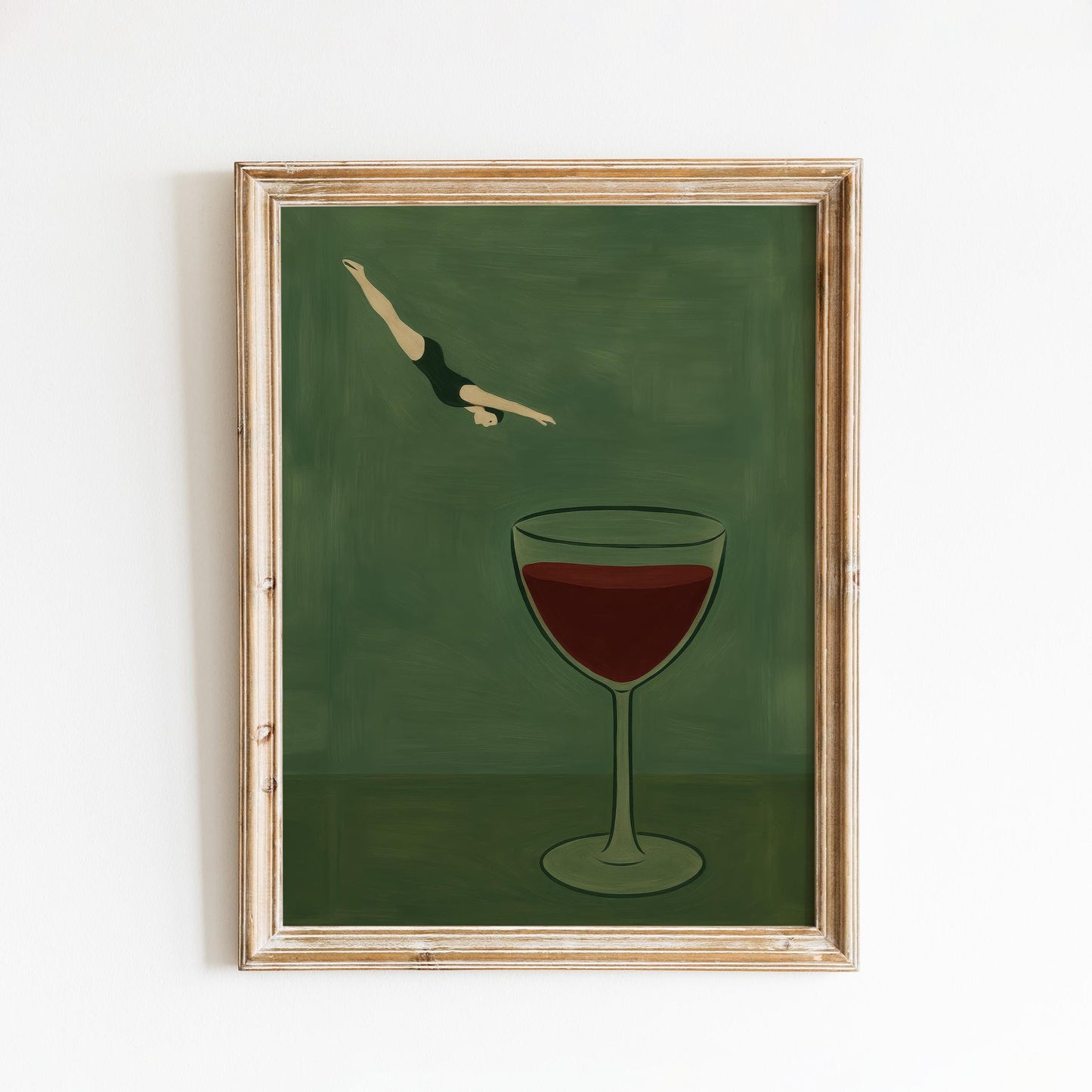 Minimalist Surrealist Poster – Diving Wine Artwork with Green Background & Poetic Charm
