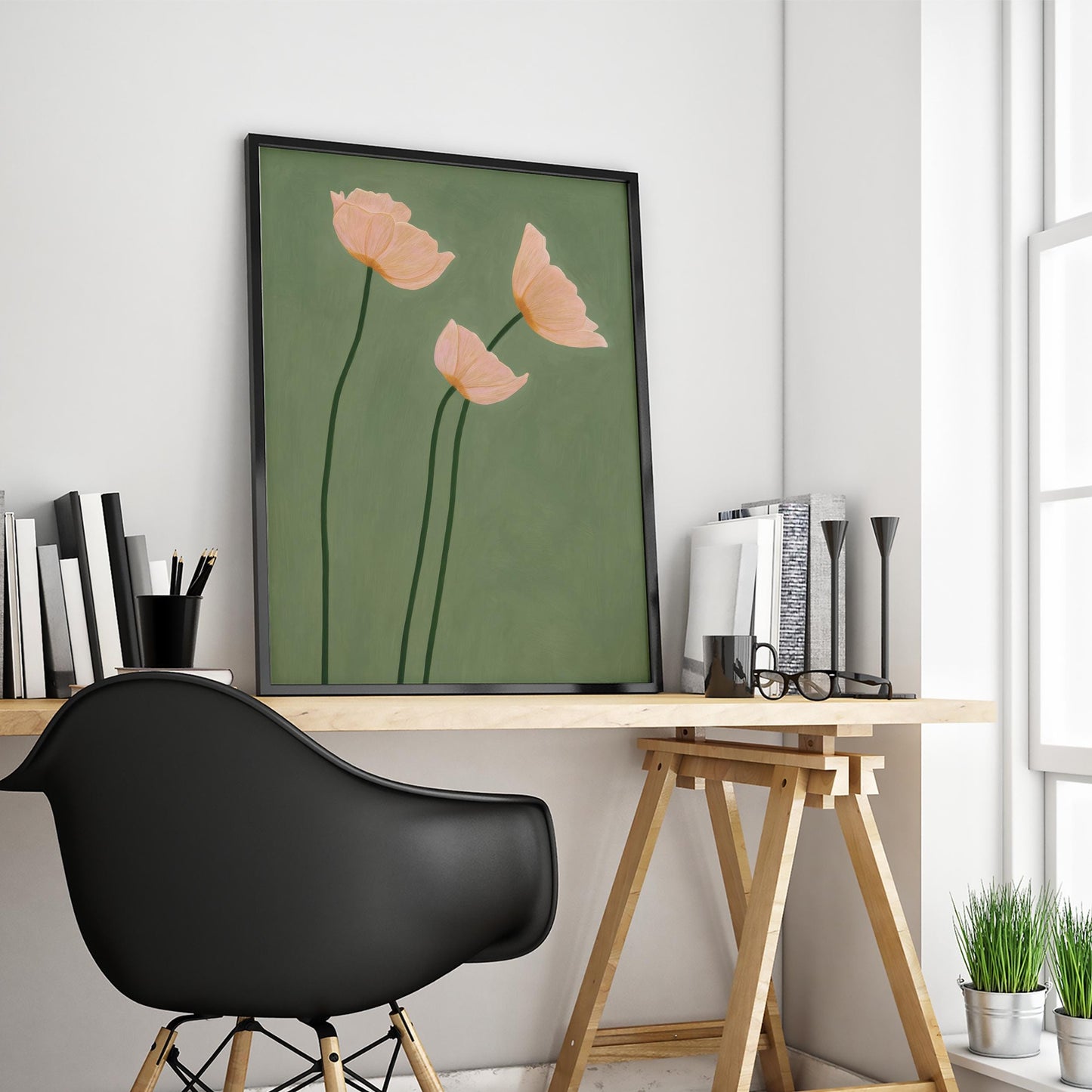 Blush Peony Poster – Minimalist Floral Art with Olive Green Wall Decor