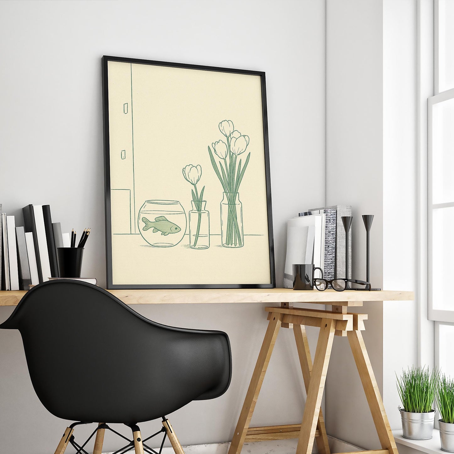 Goldfish and Tulips Poster – Minimal Green Line Art for Calm Interiors