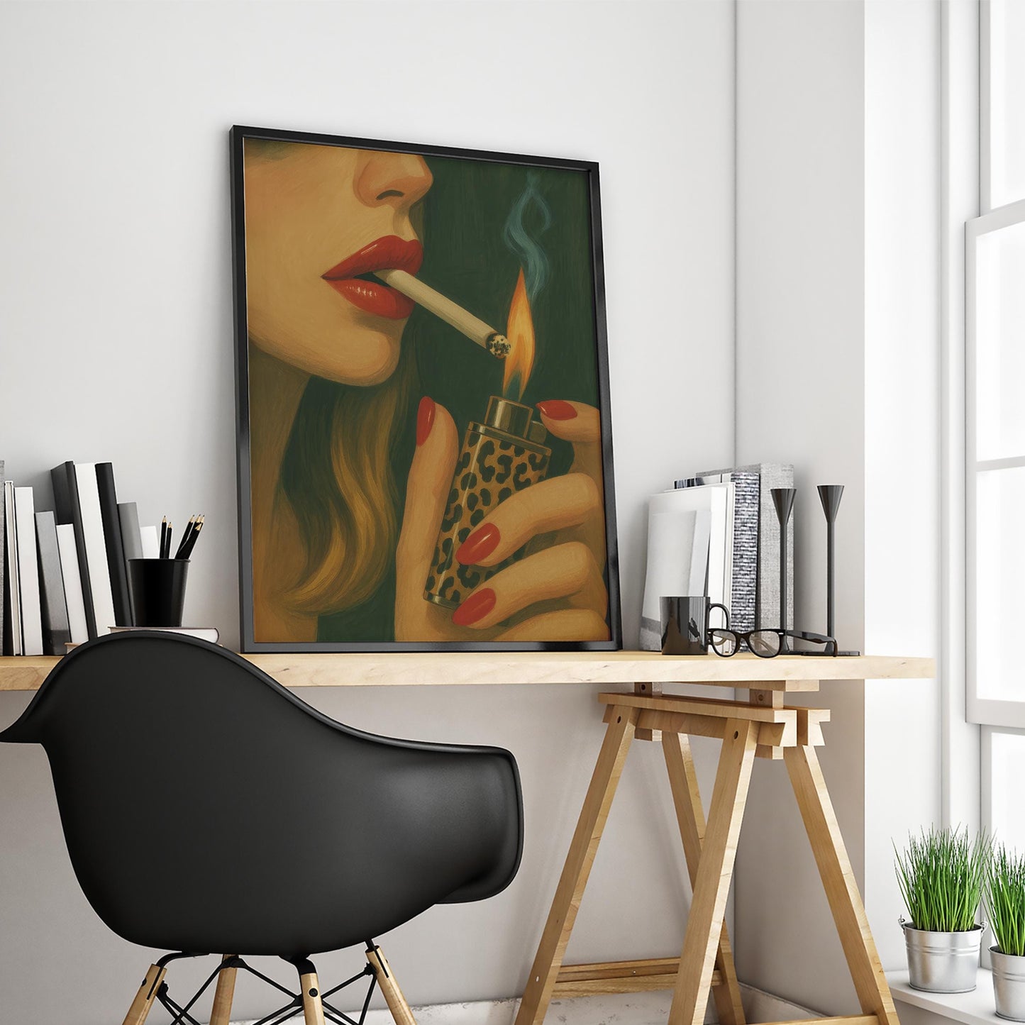 Feminine Smoking Art Print – Retro Glam Poster With Bold Lipstick & Leopard Lighter