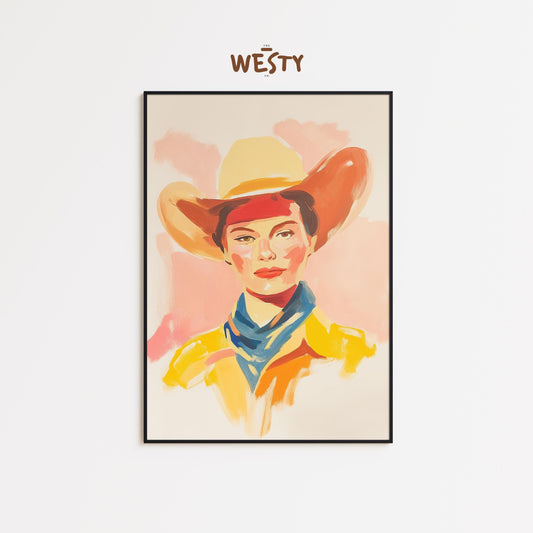 Colorful Cowgirl Portrait Print – Retro Western Wall Art