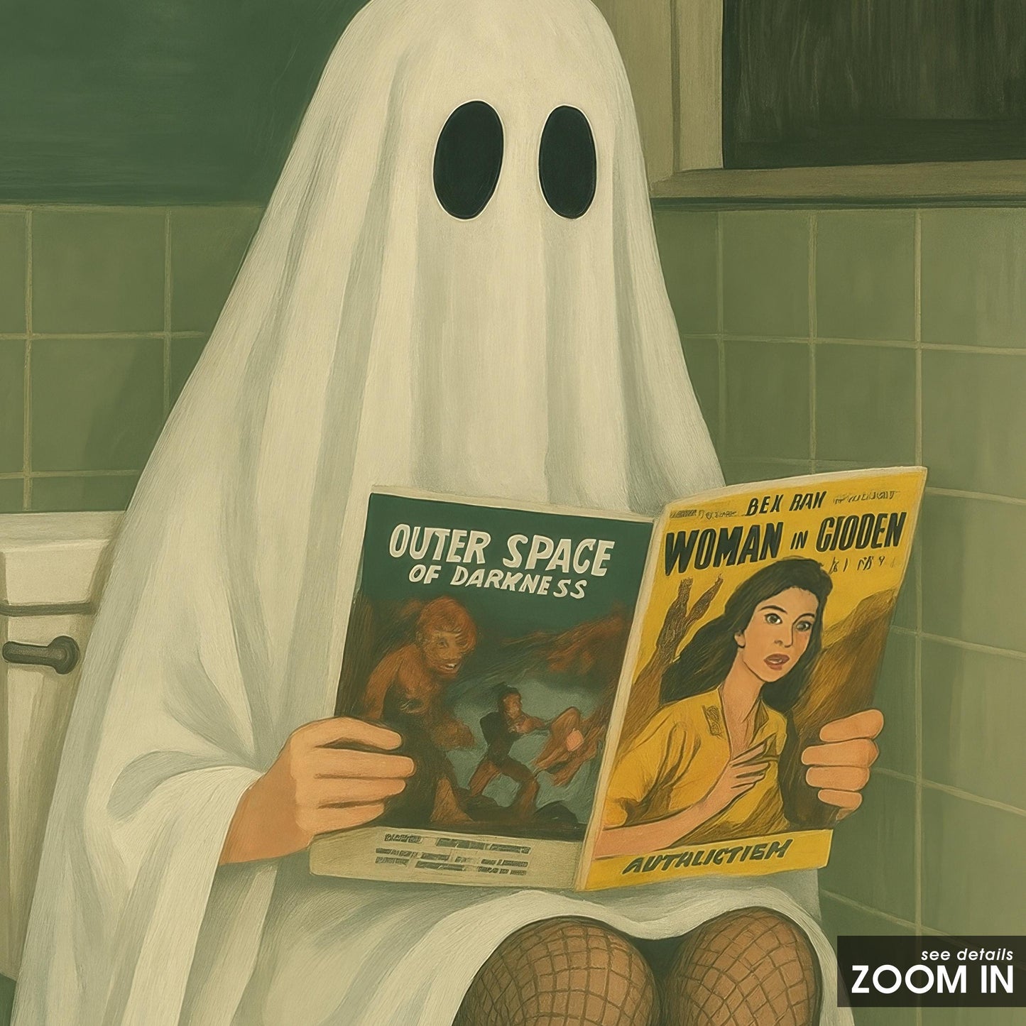 Quirky Bathroom Wall Art – Surreal Funny Ghost Print With Moody Green Tiles