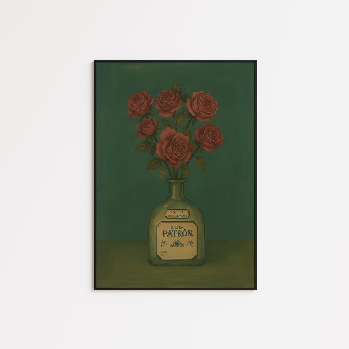 Patron Tequila Wall Art – Vintage Still Life with Red Roses & Rustic Charm Print