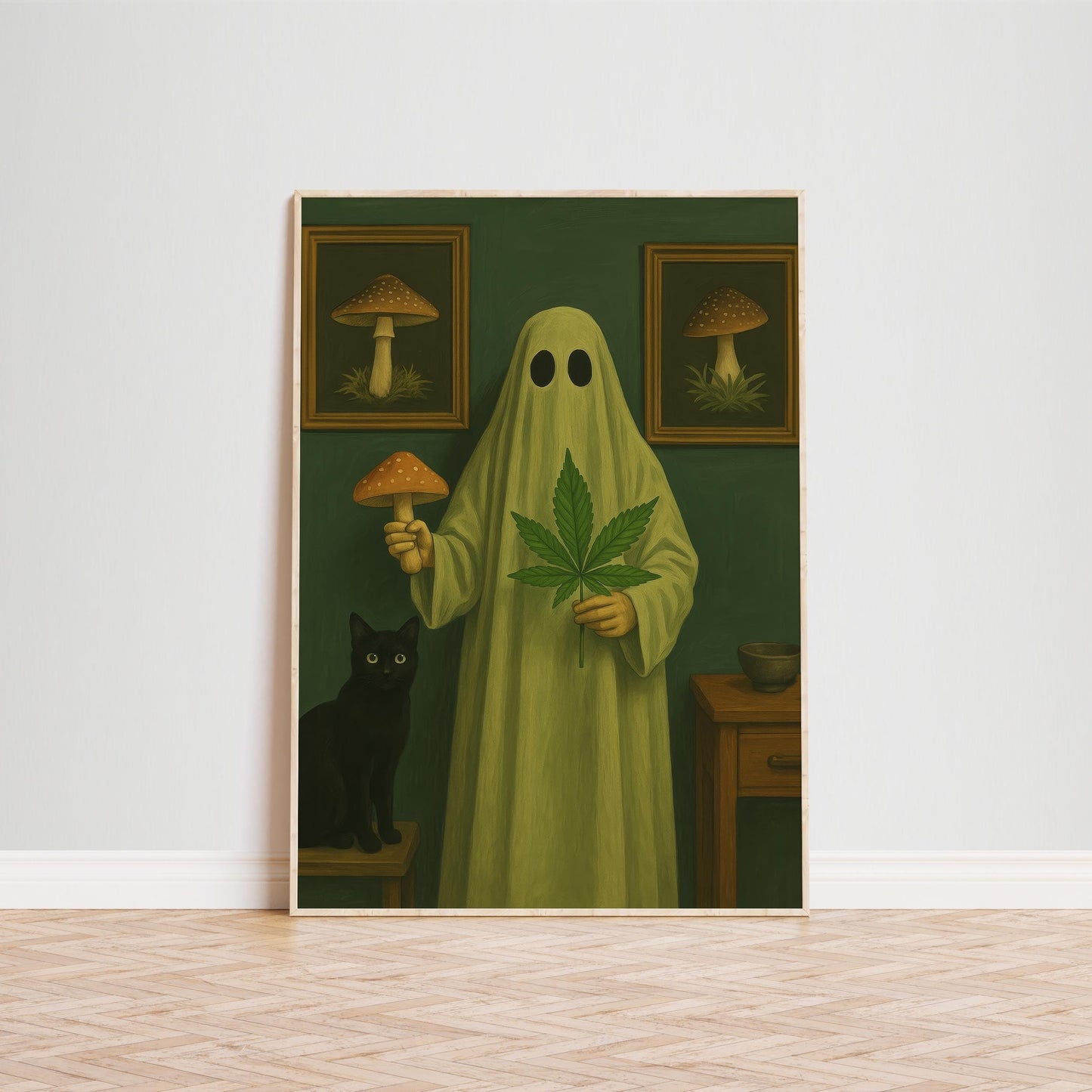 Gothic Surreal Wall Art – Ghost With Mushroom, Leaf & Black Cat Print