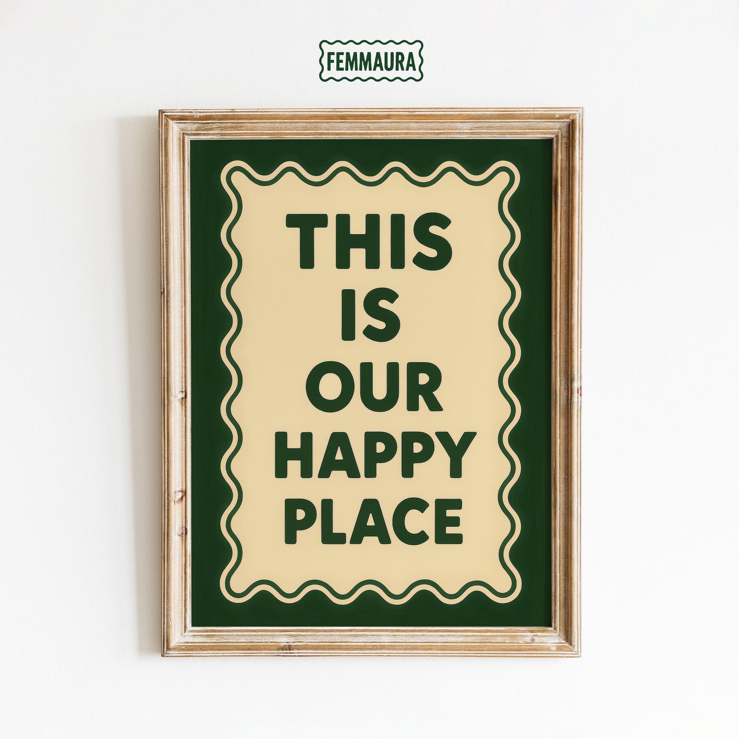 Retro Quote Print – Happy Place Poster With Wavy Frame Artwork & Vintage Wall Art
