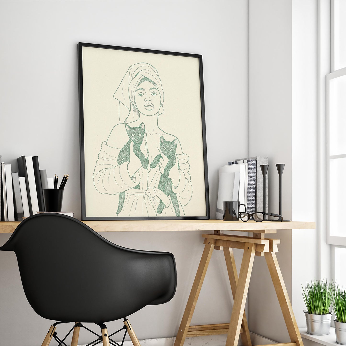 Woman with Black Cats Poster – Minimal Line Art Print, Femmaura Bold Series