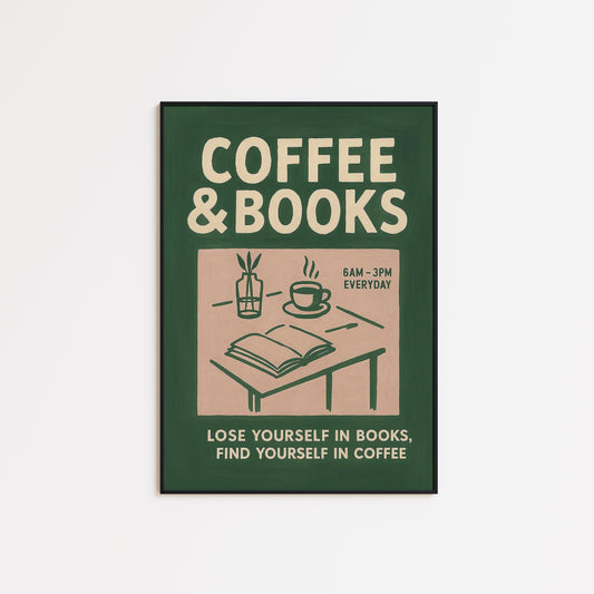 Coffee Books Poster – Cozy Reading Art With Warm Green Library Wall Decor