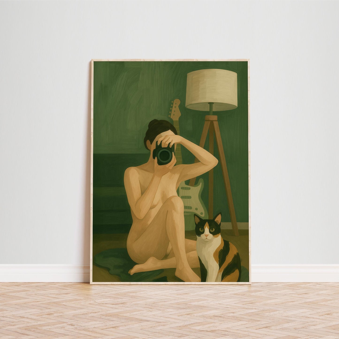 Feminine Intimate Wall Art – Self Portrait Art with Woman and Cat Poster