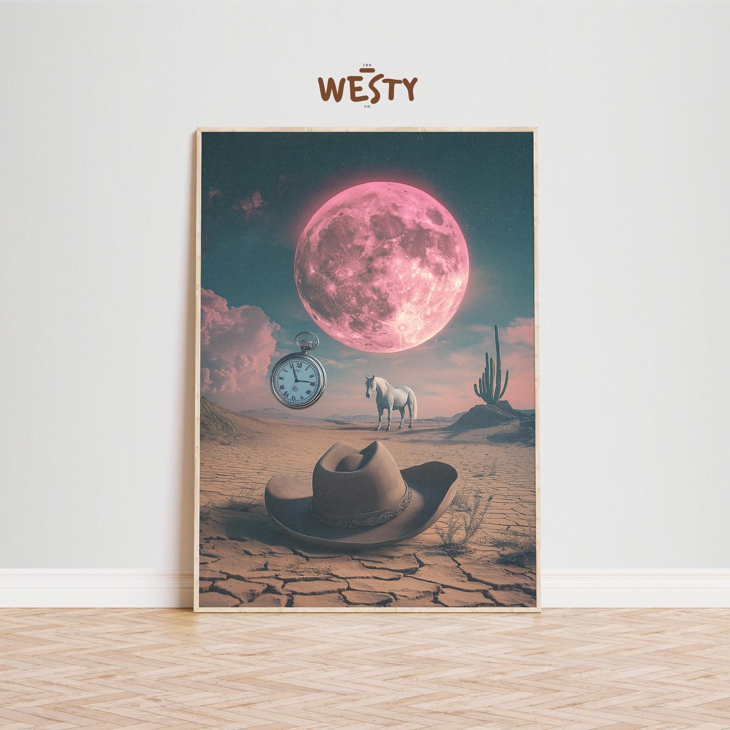 Pink Moon Desert Cowboy – Surreal Western Dreamscape Poster