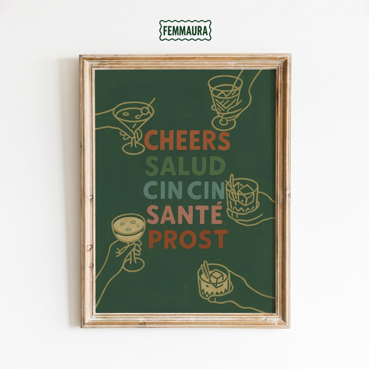 Retro Cocktail Wall Art – Multilingual Toast Print With Bold Typography Poster