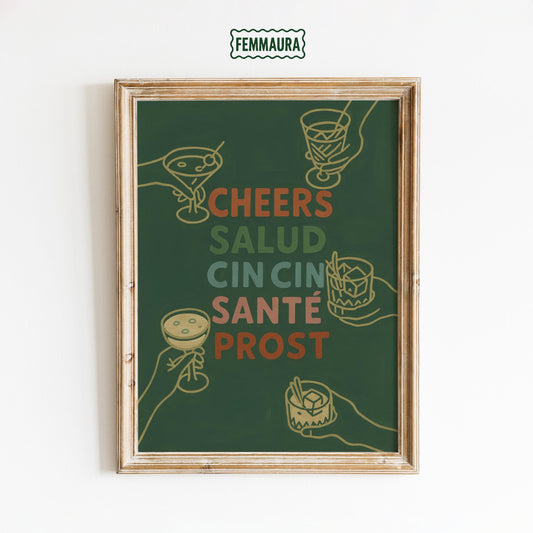 Retro Cocktail Wall Art – Multilingual Toast Print With Bold Typography Poster