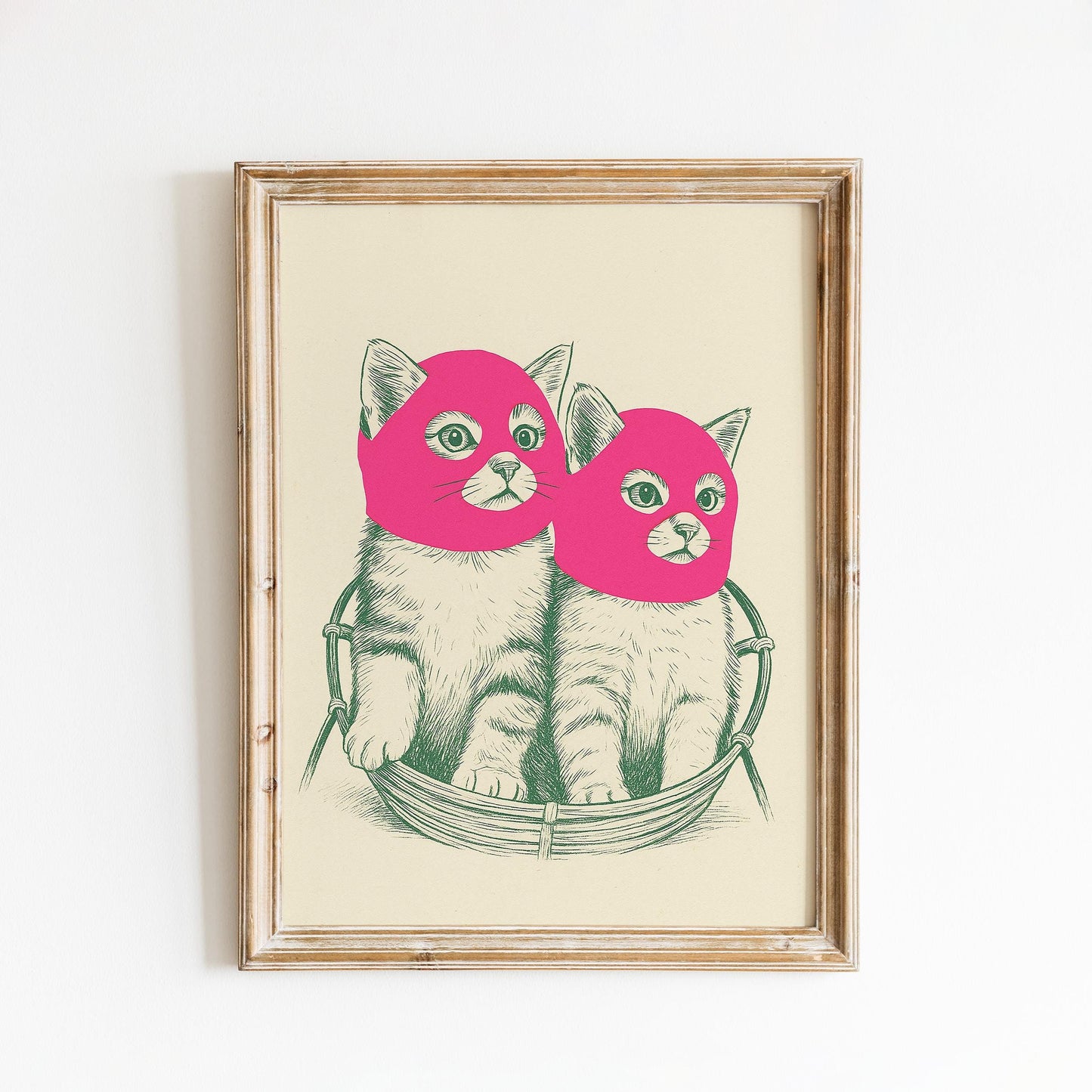 Pink Mask Cats Poster – Funny Pop Art Animal Print, Modern Minimal Wall Decor