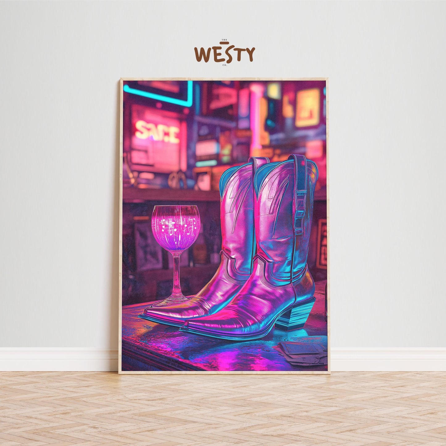 Neon Cowgirl Boots with Wine – Retro Western Nightlife Art