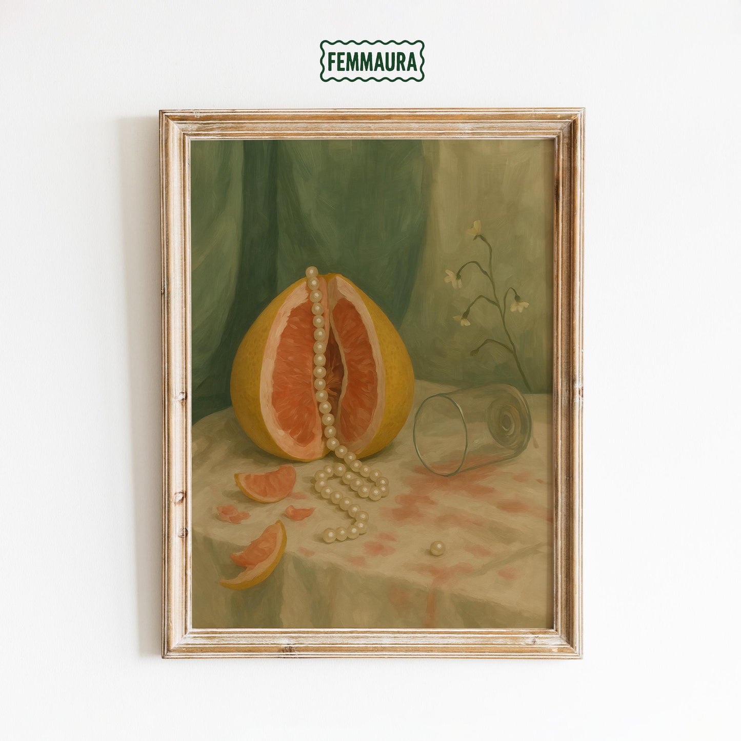 Vintage Botanical Wall Art – Grapefruit Still Life Print with Pearls for Dining Room