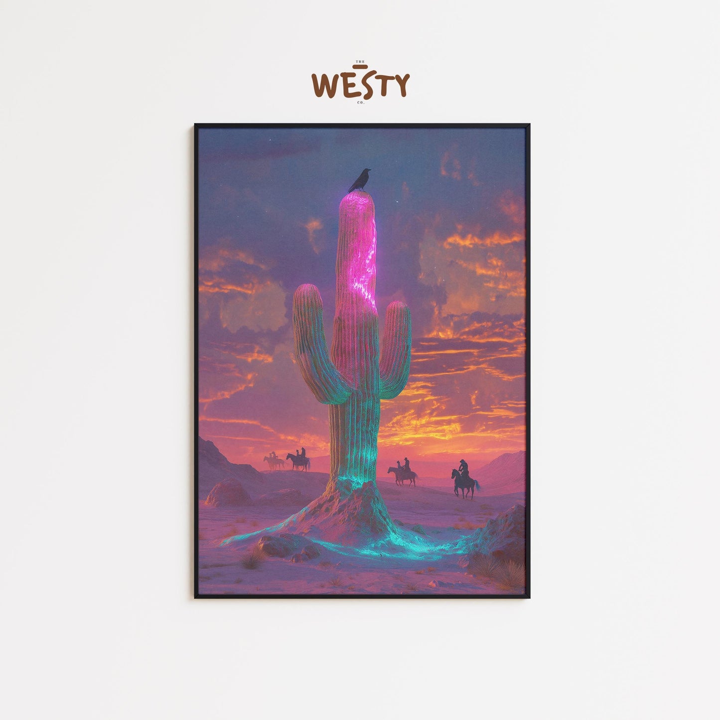 Neon Cactus Sunset – Surreal Desert Cowboy Poster