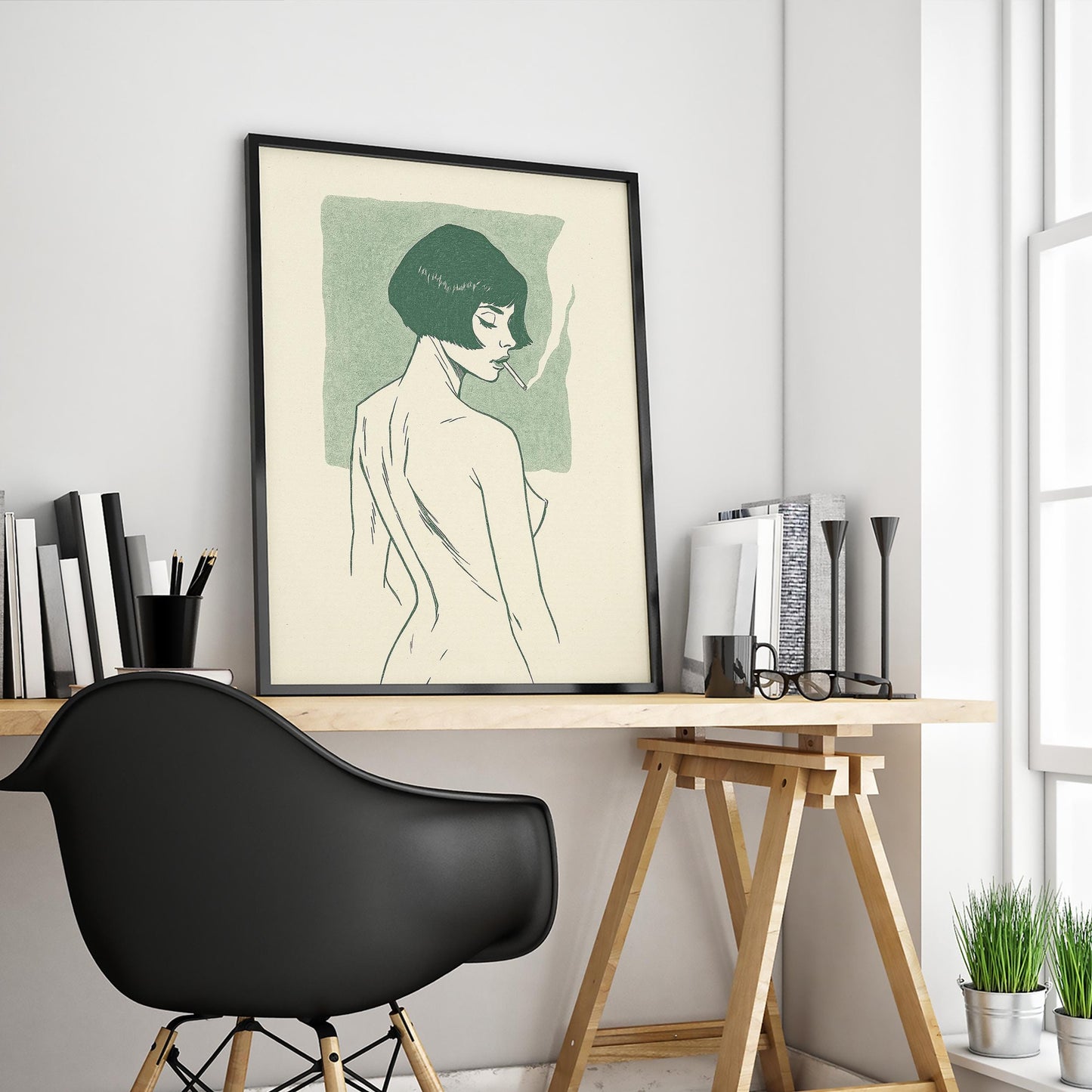 Smoky Woman Minimalist Poster – Elegant Line Art Print, French Retro Wall Decor