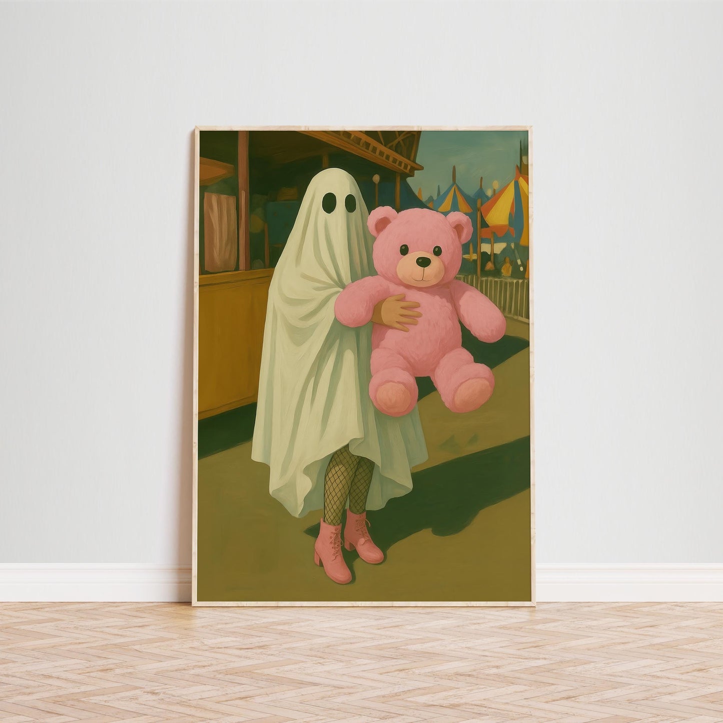 Whimsical Ghost Art - Playful Ghost Holding Pink Teddy Bear | Spooky Wall Decor