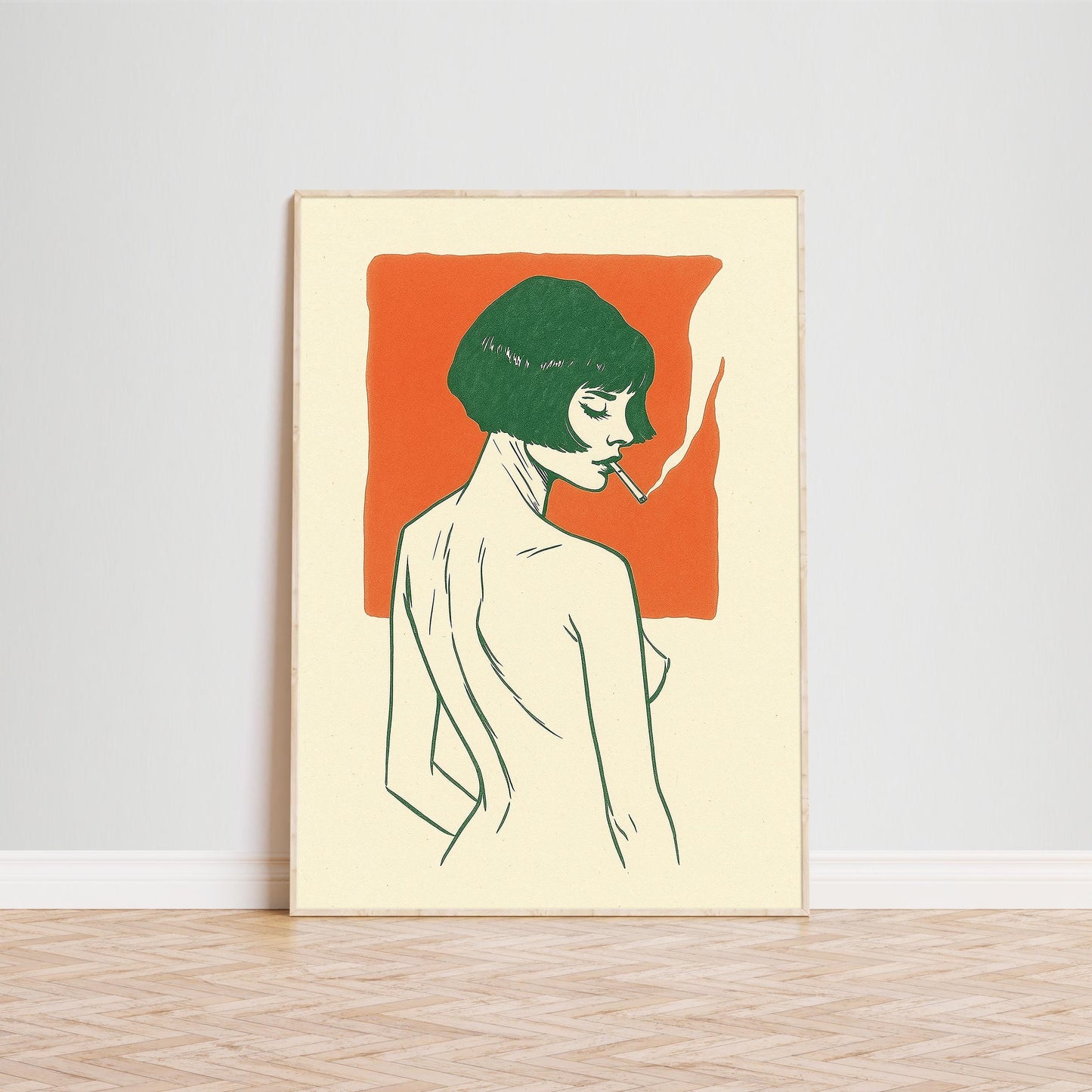 Bold Minimal Woman Poster – Retro French Line Art Print, Warm Orange Wall Decor