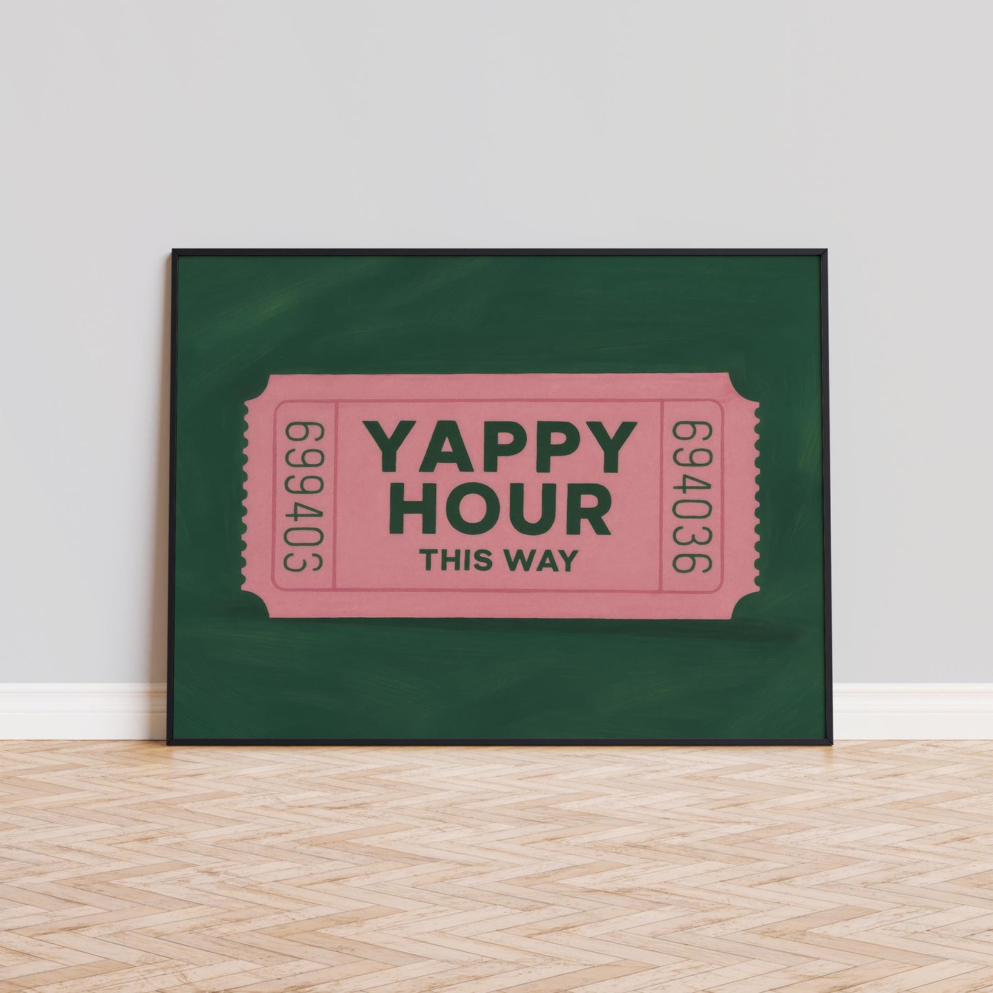 Yappy Hour Poster – Retro Ticket Print | Funny Bar Sign, Pink Green Decor