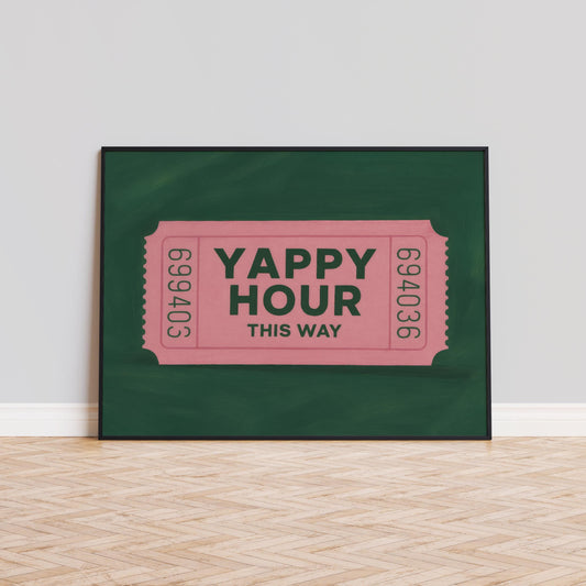 Yappy Hour Poster – Retro Ticket Print | Funny Bar Sign, Pink Green Decor