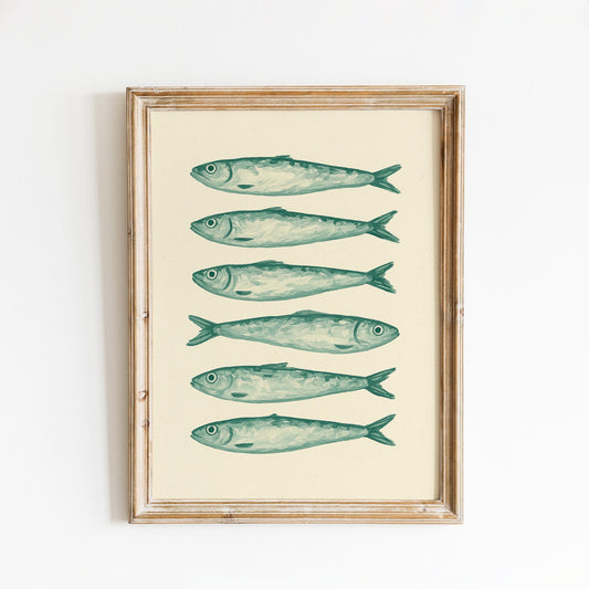 Mediterranean Kitchen Wall Art – Coastal Vintage Sardine Poster | Olive Green Print
