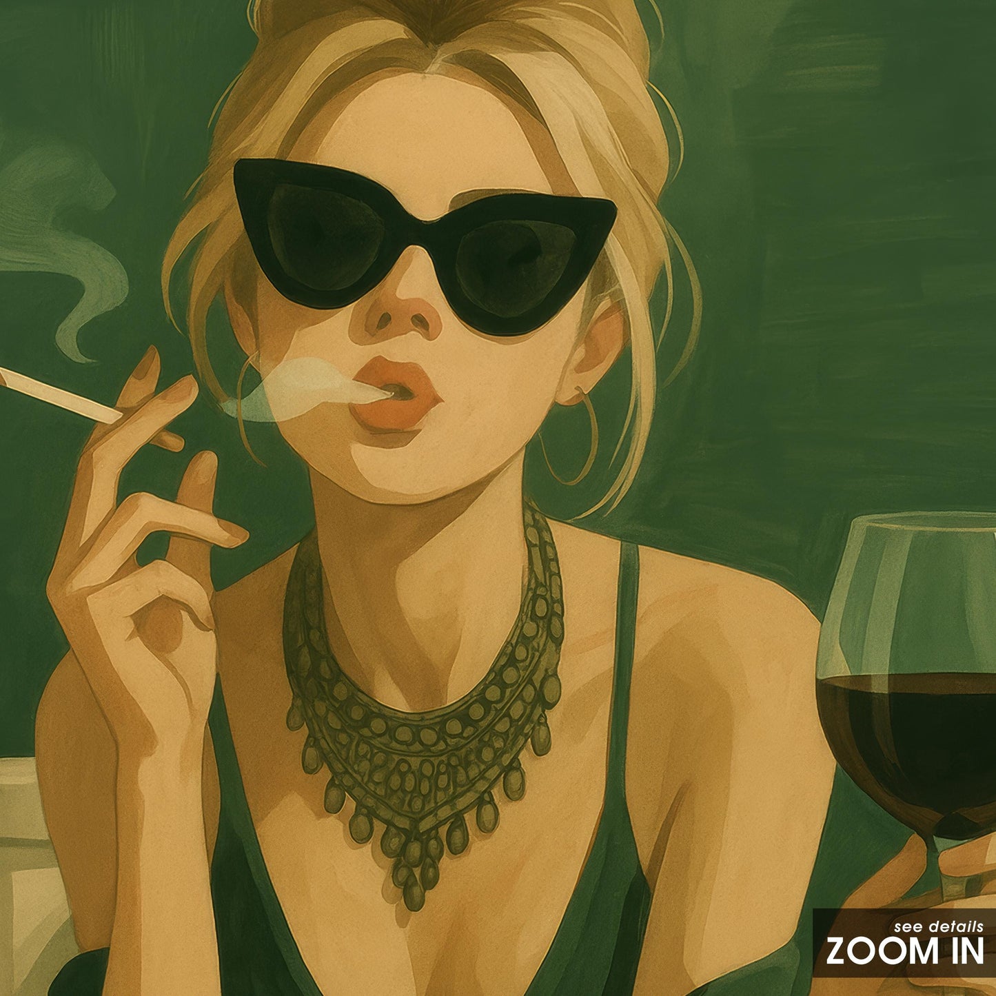 Glam Woman Poster – Feminine Wall Art | Smoking Wine Satire in Green Aesthetic