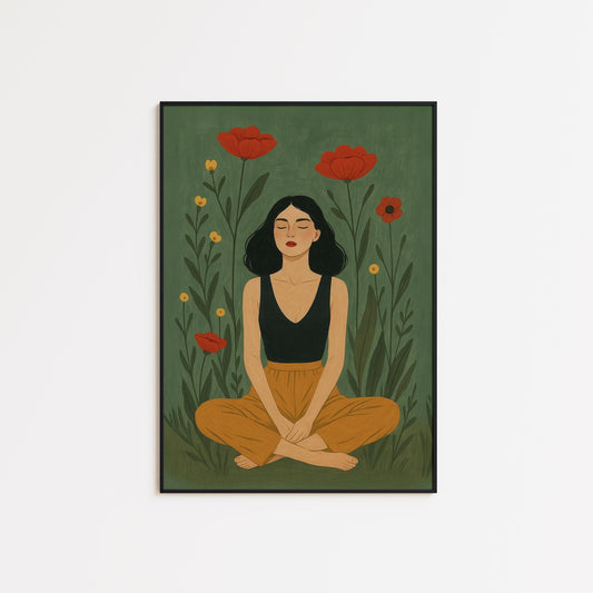 Feminine Botanical Art Print – Earthy Green Floral Woman Poster | Calm Aesthetic Wall Art