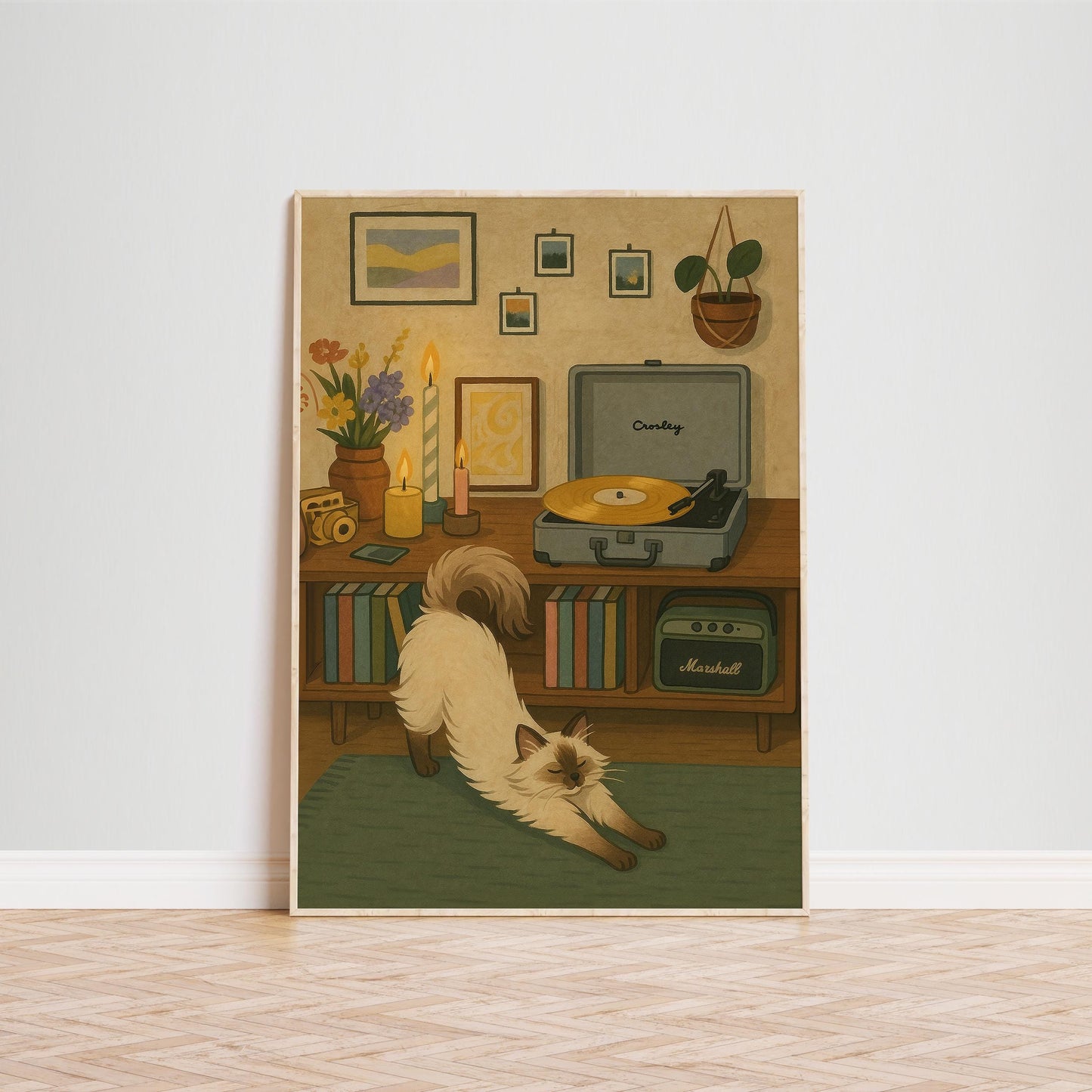 Cozy Cat Art Print – Vintage Vinyl Print | Gouache Illustration, Warm Aesthetic Poster