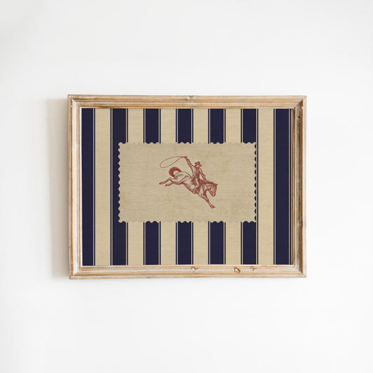 Western Cowboy Wall Art – Vintage Rodeo Print with Striped Background Design