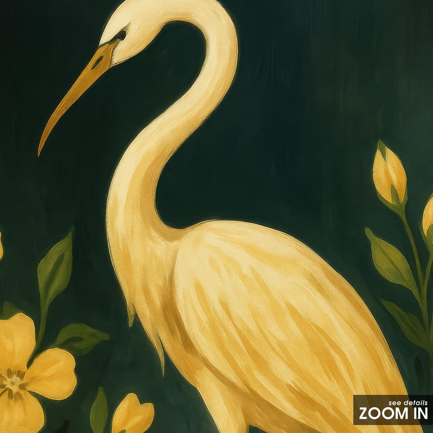 Golden Crane Wall Art – Elegant Floral Bird Artwork with Yellow Flowers