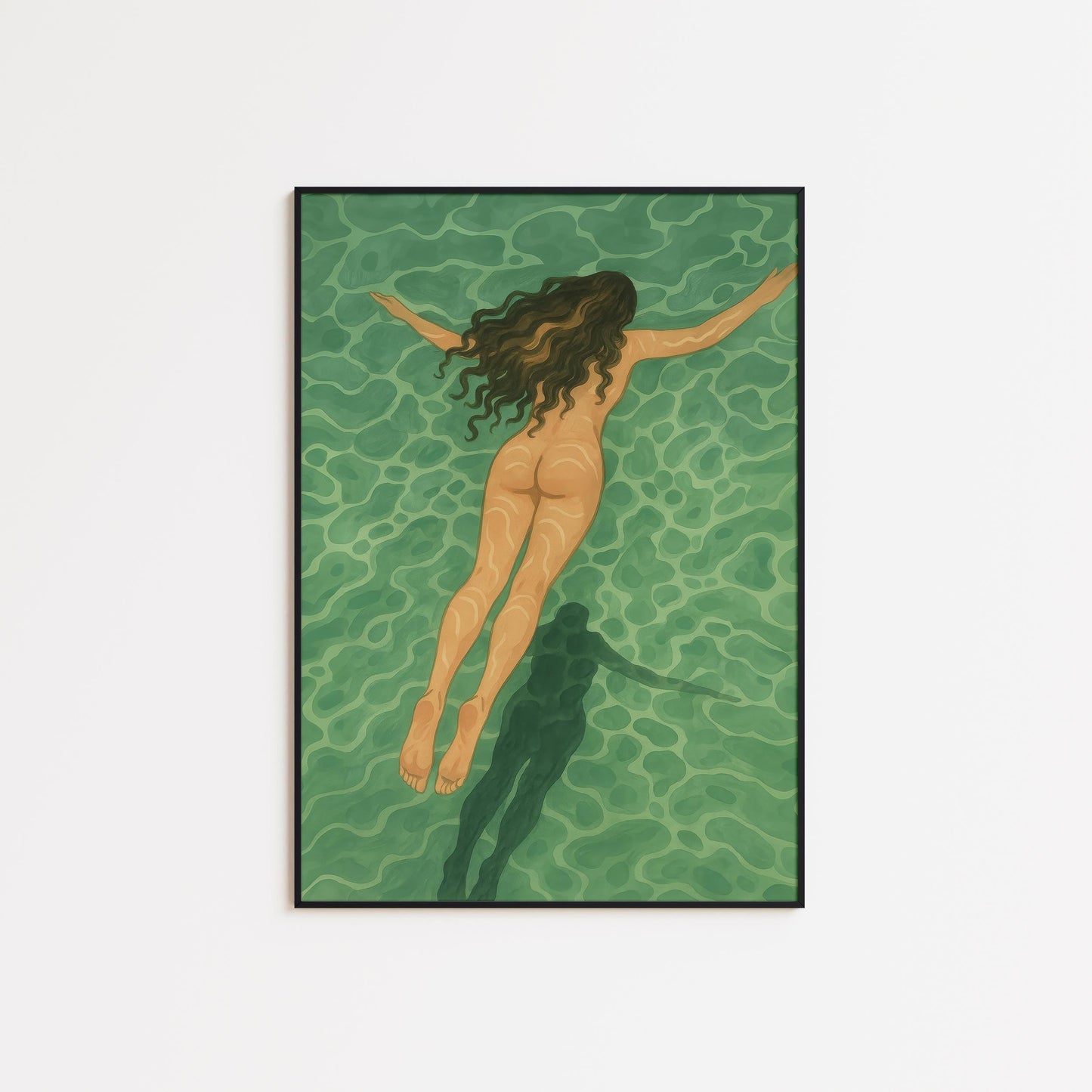 Minimalist Coastal Wall Art Featuring Nude Swimming Art Print – Serene Green Palette