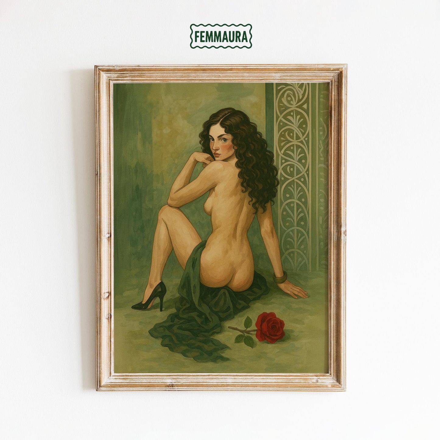 Vintage Nude Art Print – Sensual Woman Painting With Red Rose Illustration