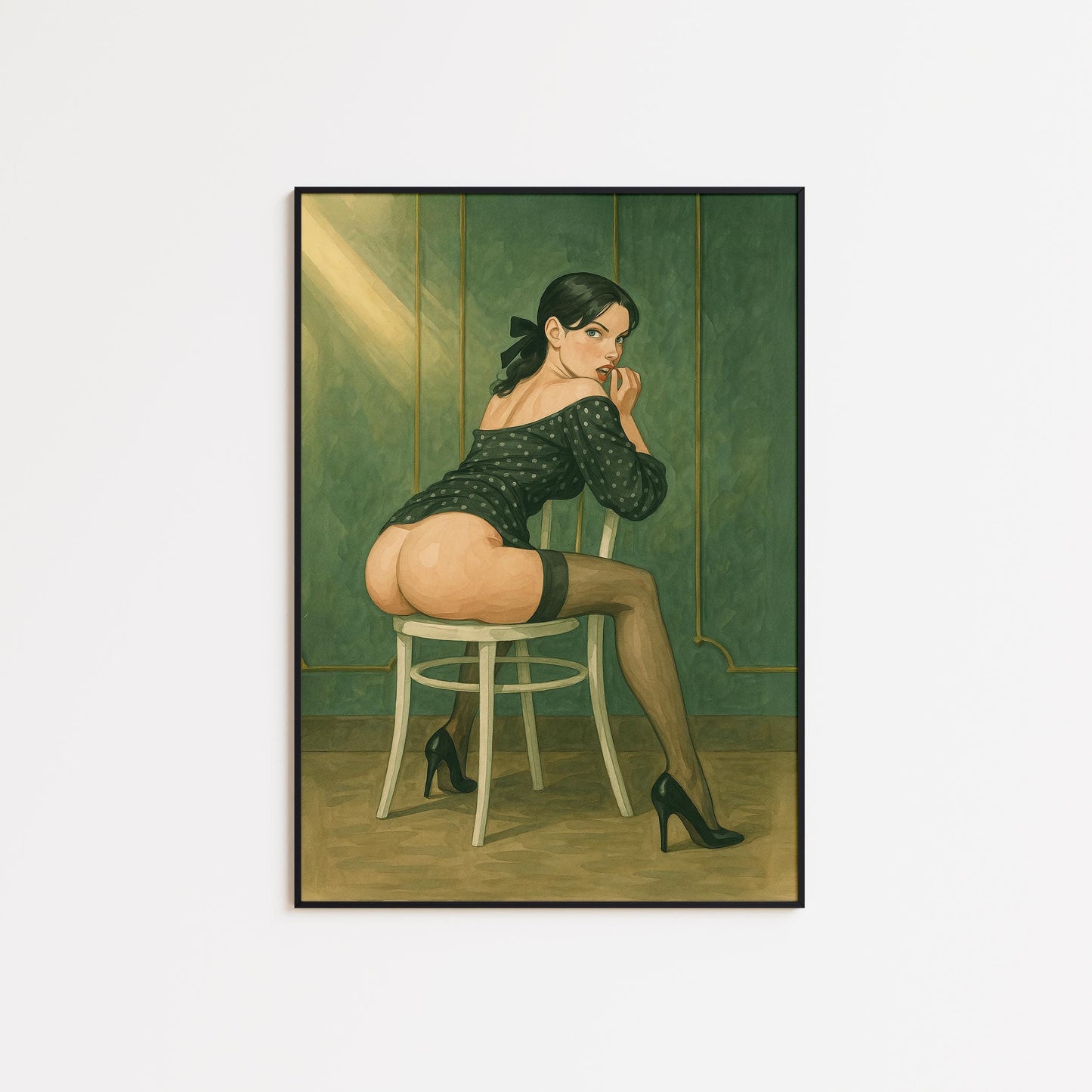 Feminine Pin-Up Art – Vintage Style Print | Green Wall Art & Sensual Woman Poster