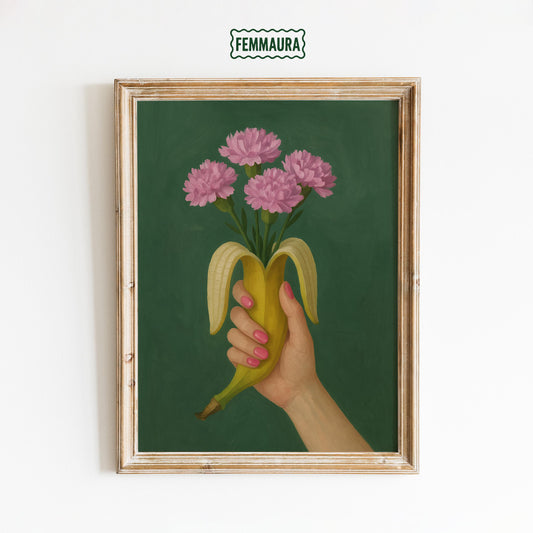 Banana Bouquet Art Print – Surreal Floral Pop Decor with Pink Flowers