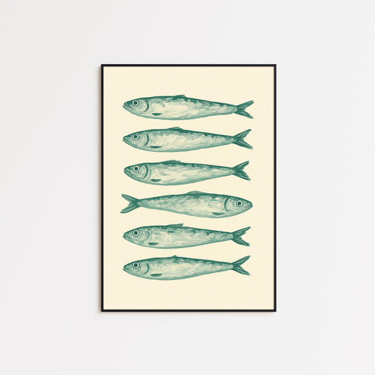 Mediterranean Kitchen Wall Art – Coastal Vintage Sardine Poster | Olive Green Print