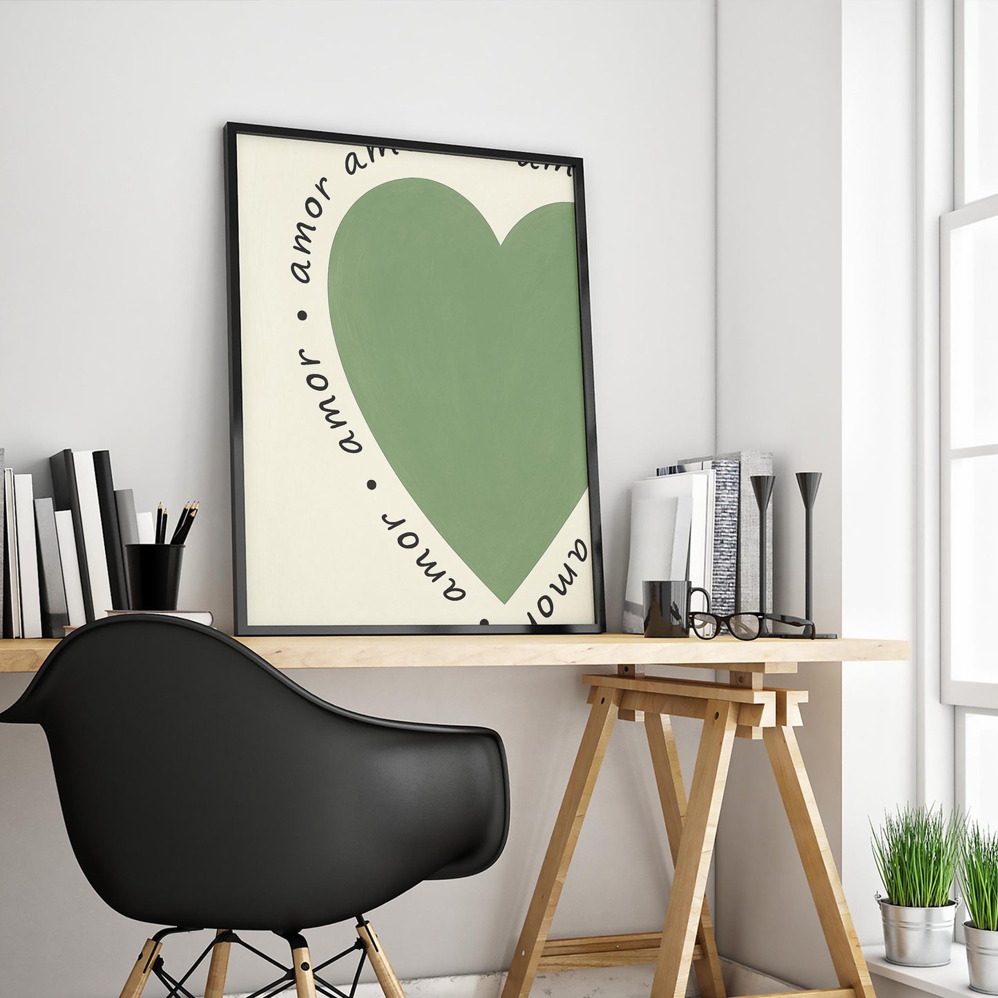 Amor Heart Poster – Minimalist Love Art | Retro Wall Art With Green Heart