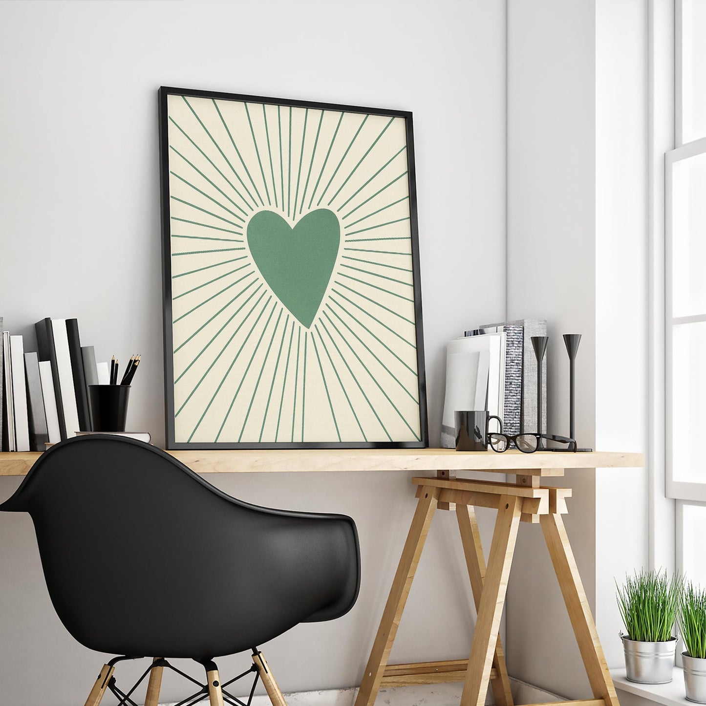 Green Heart Rays Poster – Minimal Love Wall Art with Retro Lines