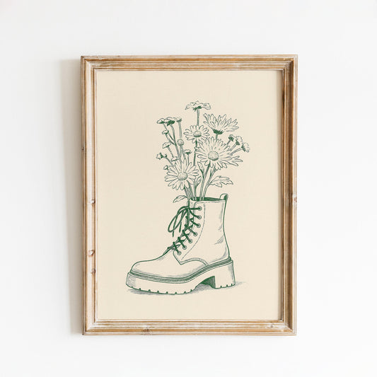 Combat Boot & Flowers Poster – Feminine Strength Minimal Line Art