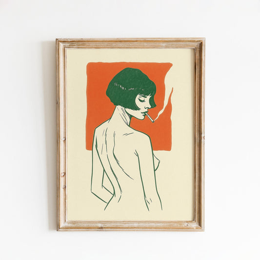 Bold Minimal Woman Poster – Retro French Line Art Print, Warm Orange Wall Decor