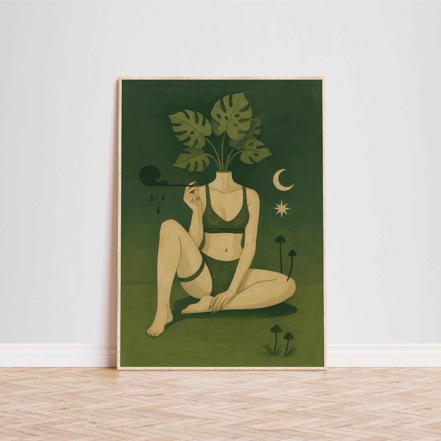 Botanical Goddess Wall Art – Mystical Green Muse Monstera Leaf Print