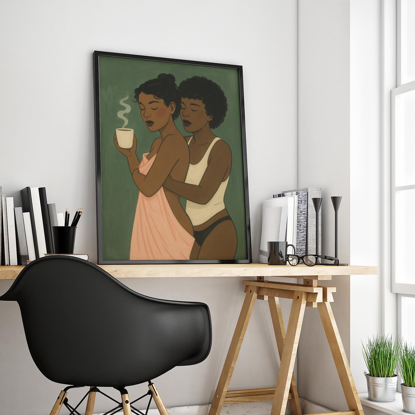 Queer Black Love Poster – Intimate Lesbian Couple Wall Art, Minimalist Sapphic Print