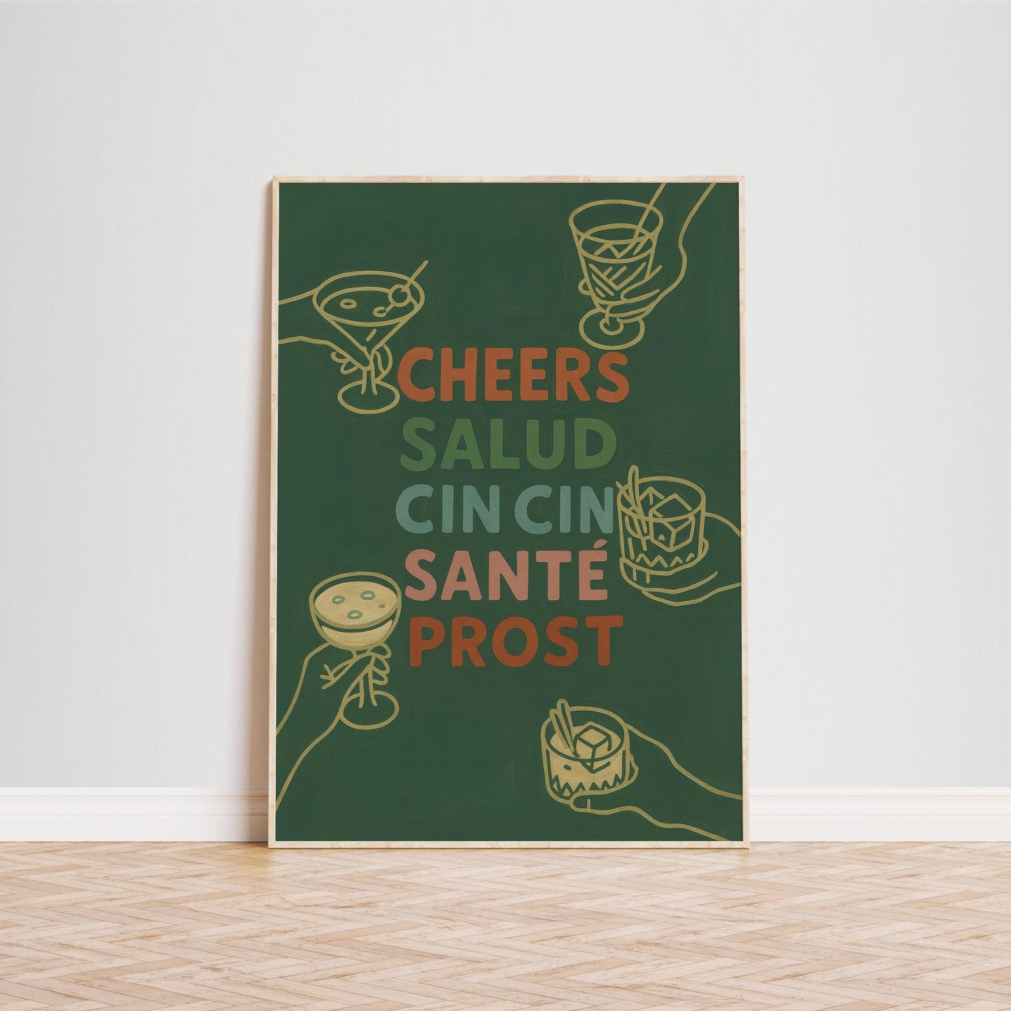Retro Cocktail Wall Art – Multilingual Toast Print With Bold Typography Poster