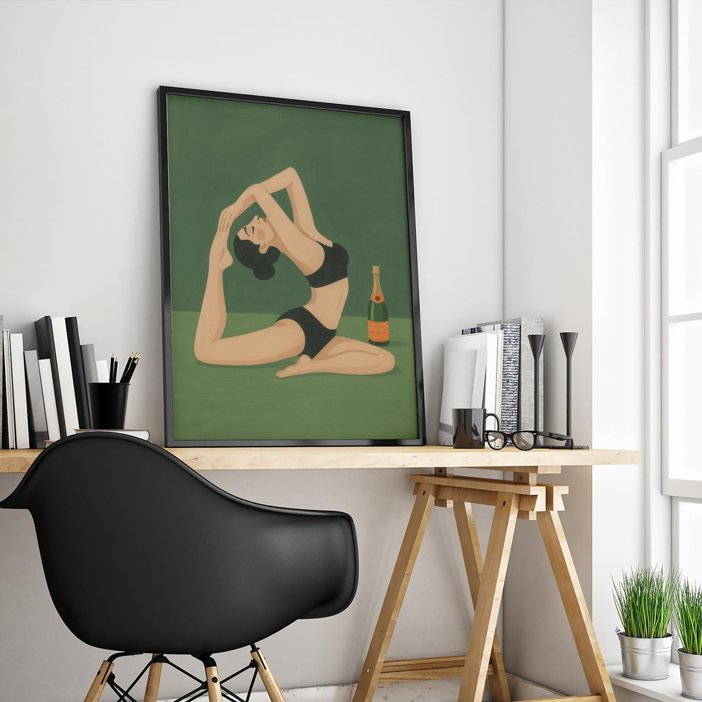 Champagne Yoga Art Print – Playful Retro Woman Poster | Green Wall Decor
