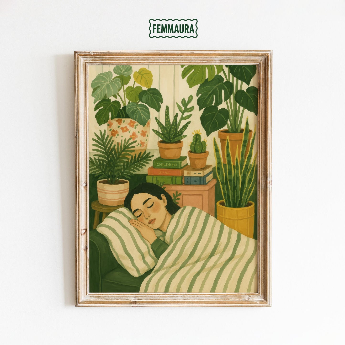 Botanical Bedroom Art – Cozy Green Wall Decor With Sleeping Girl Illustration