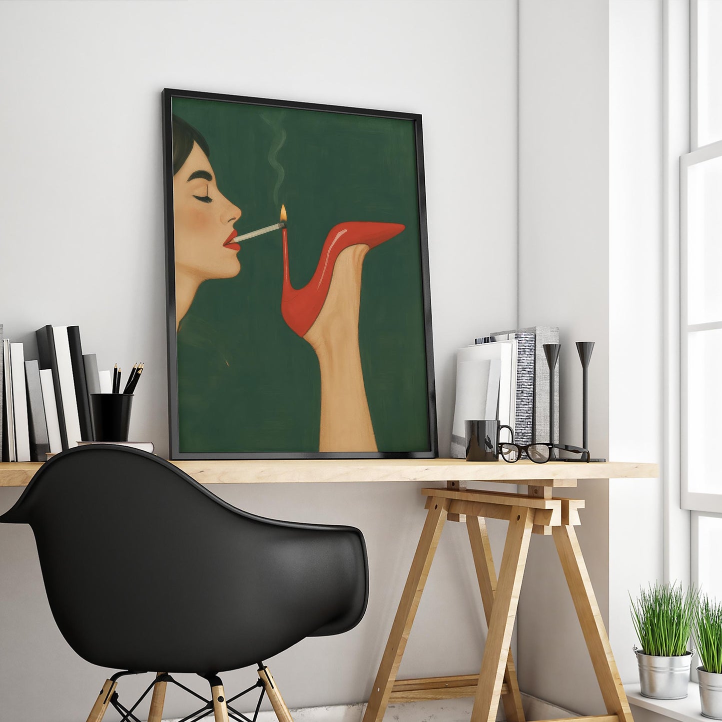 Smoking Heel Poster – Bold Retro Artwork With Red Stiletto Print